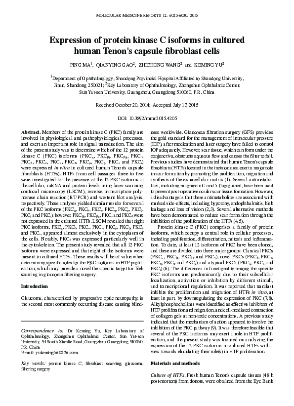 (PDF) Expression of protein kinase C isoforms in cultured human tenon's ...