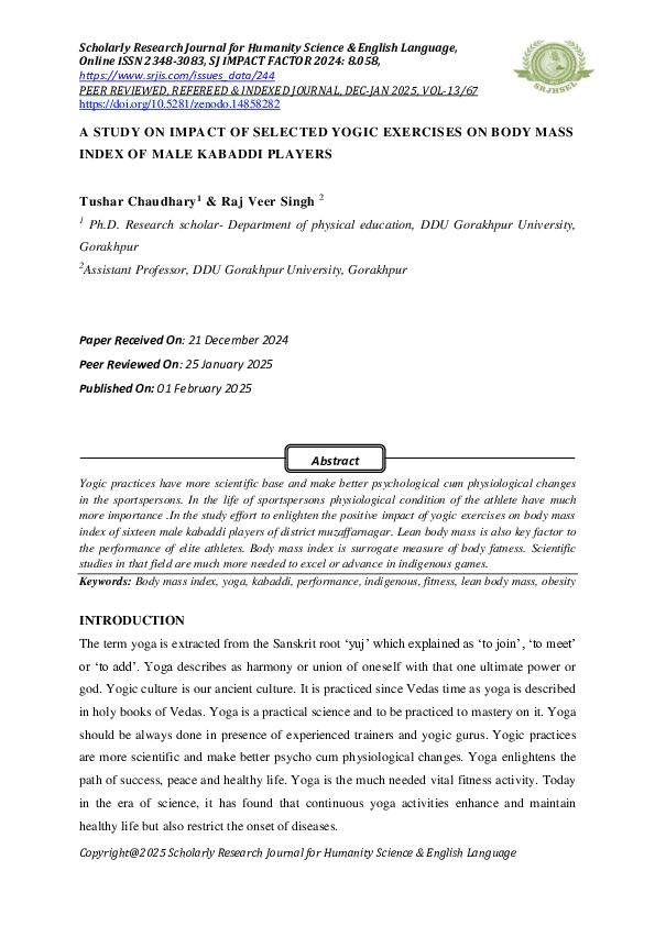 (PDF) A STUDY ON IMPACT OF SELECTED YOGIC EXERCISES ON BODY MASS INDEX ...