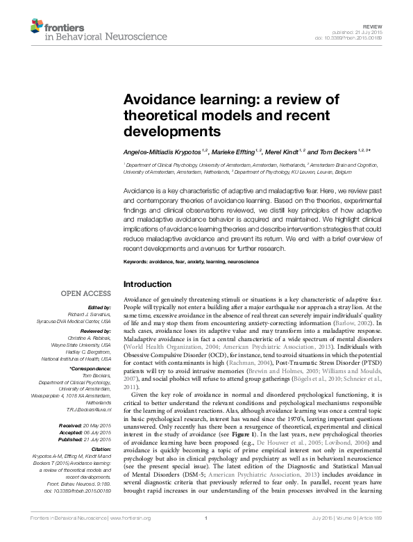 (PDF) Avoidance learning: a review of theoretical models and recent ...