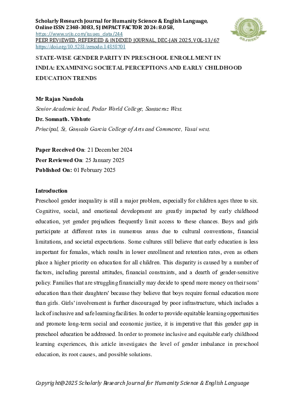 (PDF) STATE-WISE GENDER DISPARITY IN PRESCHOOL ENROLLMENT IN INDIA ...