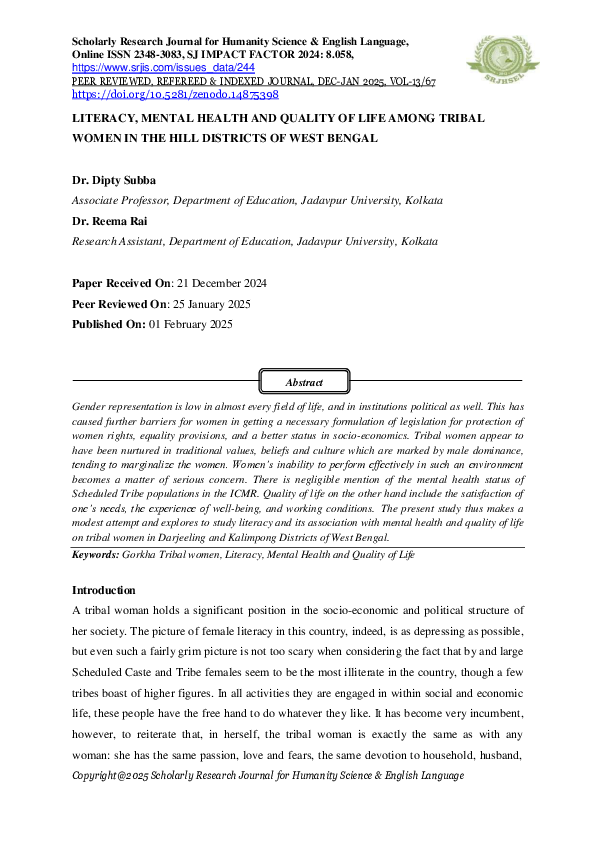 (PDF) LITERACY, MENTAL HEALTH AND QUALITY OF LIFE AMONG TRIBAL WOMEN IN ...