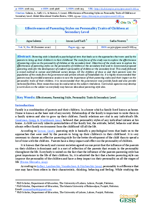 (PDF) Effectiveness of Parenting Styles on Personality Traits of ...