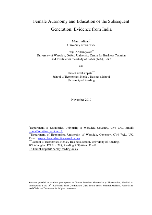 (PDF) Female Autonomy and Education of the Subsequent Generation ...