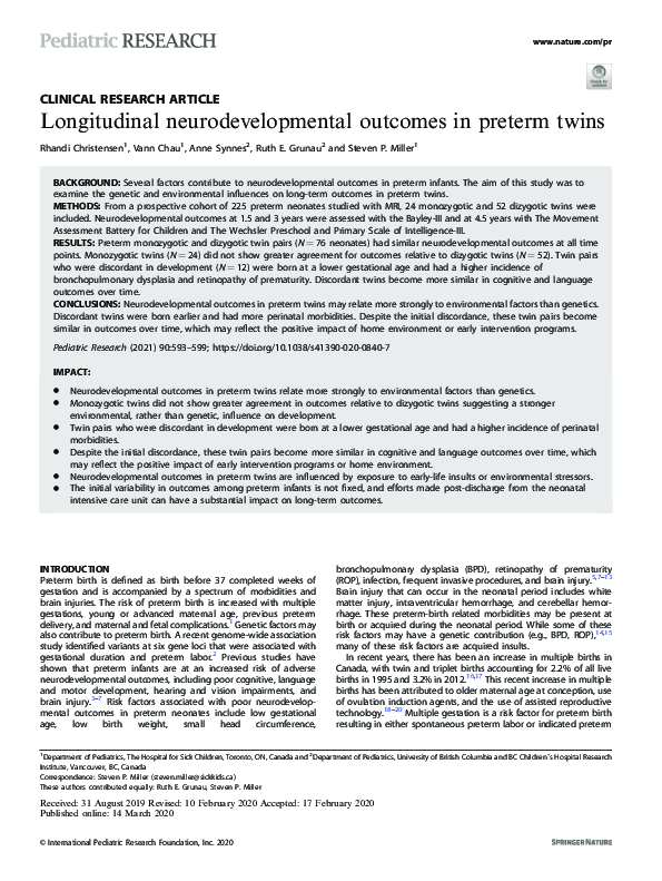 (PDF) Longitudinal neurodevelopmental outcomes in preterm twins