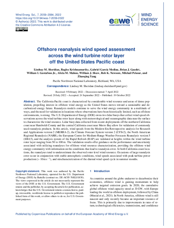 (PDF) Offshore reanalysis wind speed assessment across the wind turbine ...