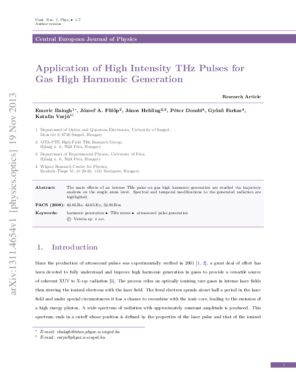 (PDF) Application of high intensity THz pulses for gas high harmonic ...