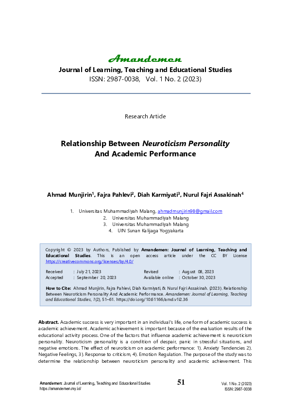 (PDF) Relationship Between Neuroticism Personality And Academic Performance