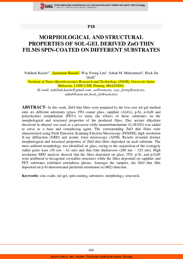 (PDF) Morphological and Structural Properties of Sol-Gel Derived ZnO ...