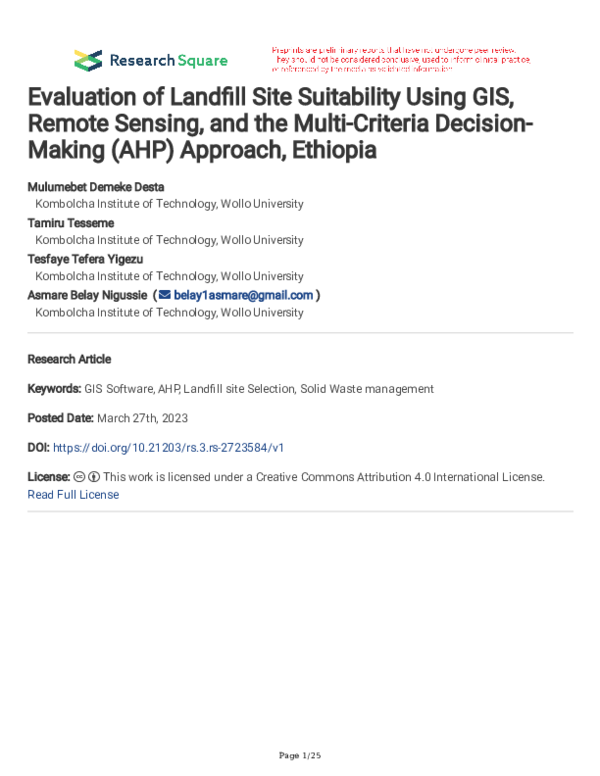 (PDF) Evaluation of Landfill Site Suitability Using GIS, Remote Sensing ...