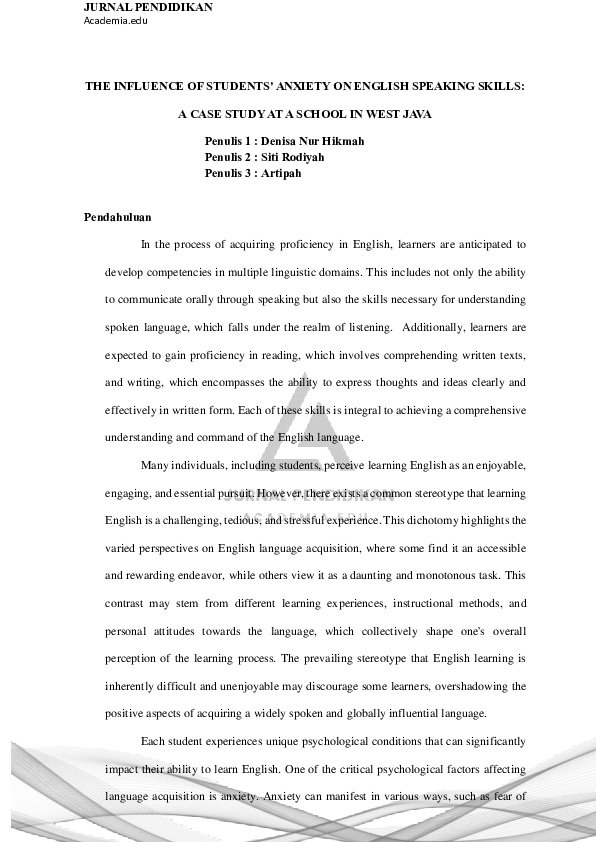 (PDF) THE INFLUENCE OF STUDENTS ANXIETY ON ENGLISH SPEAKING SKILLS A ...