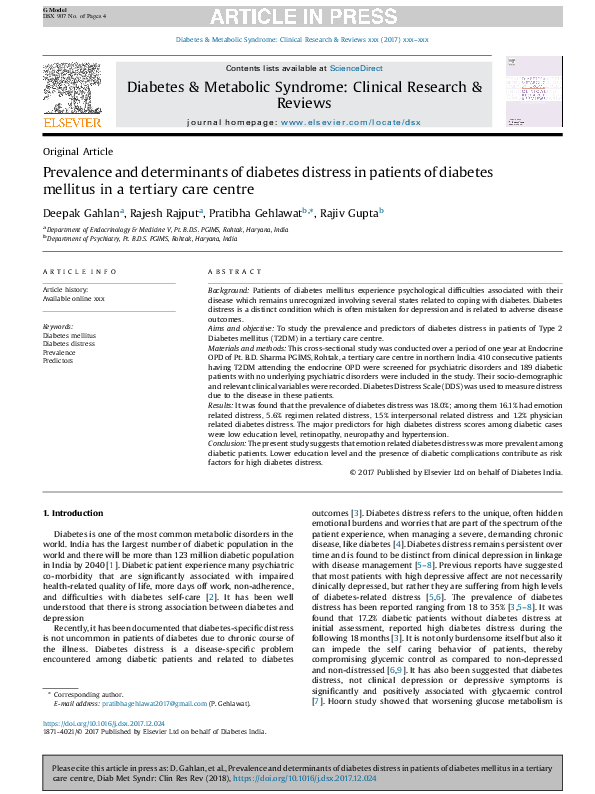 (PDF) Prevalence and determinants of diabetes distress in patients of ...