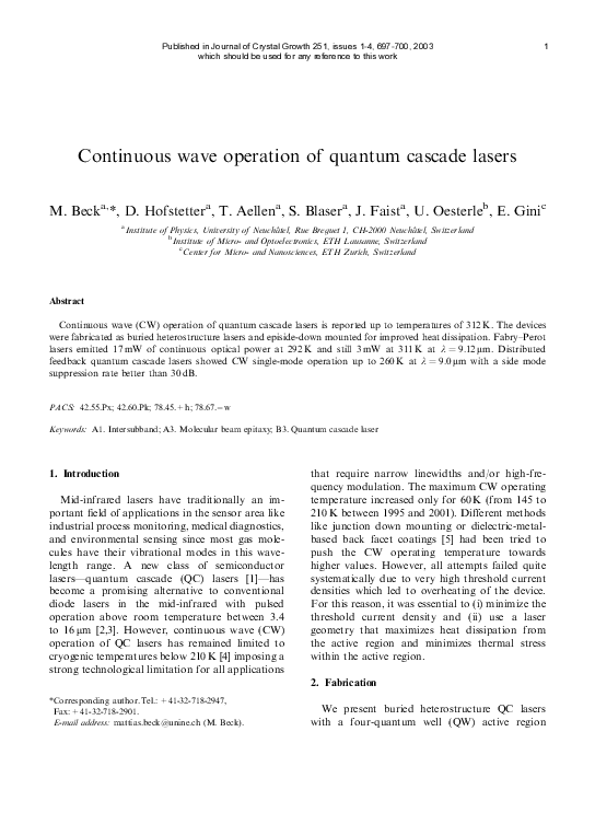 (PDF) Continuous wave operation of quantum cascade lasers