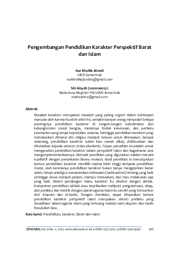 (PDF) Pengembangan Pendidikan Karakter Perspektif Barat dan Islam