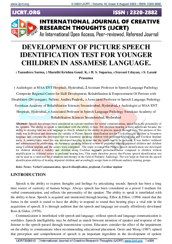 (PDF) DEVELOPMENT OF PICTURE SPEECH IDENTIFICATION TEST FOR YOUNGER ...