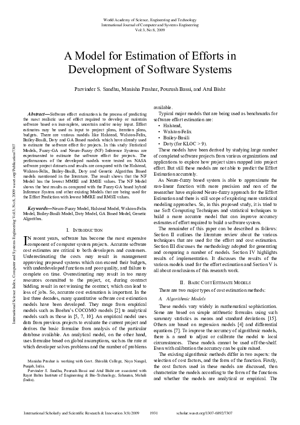 (PDF) A Model for Estimation of Efforts in Development of Software Systems