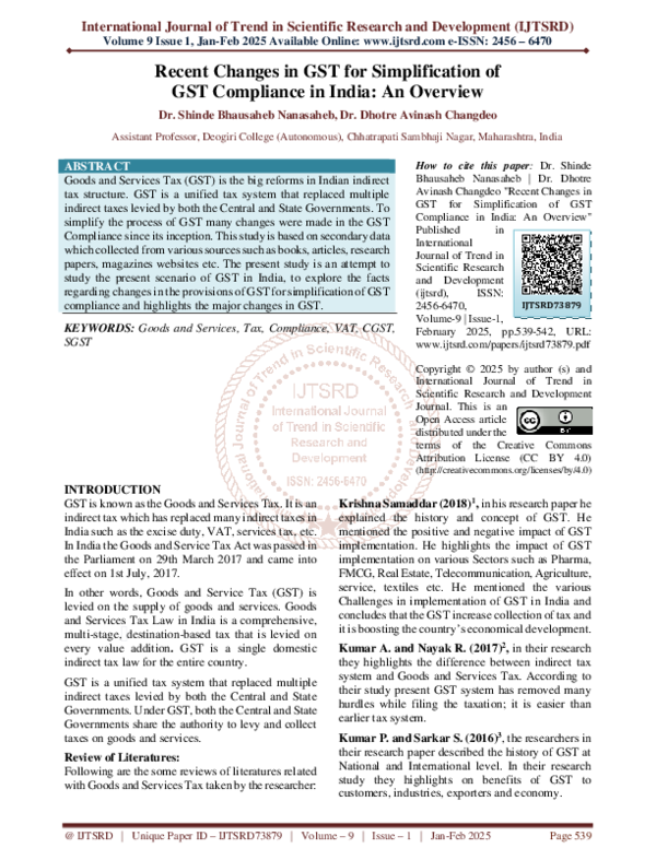(PDF) Recent Changes in GST for Simplification of GST Compliance in ...