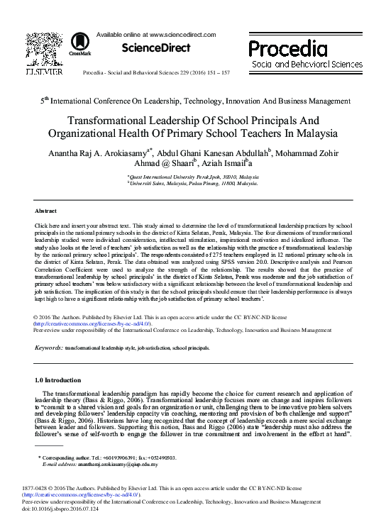 (PDF) Transformational Leadership of School Principals and ...