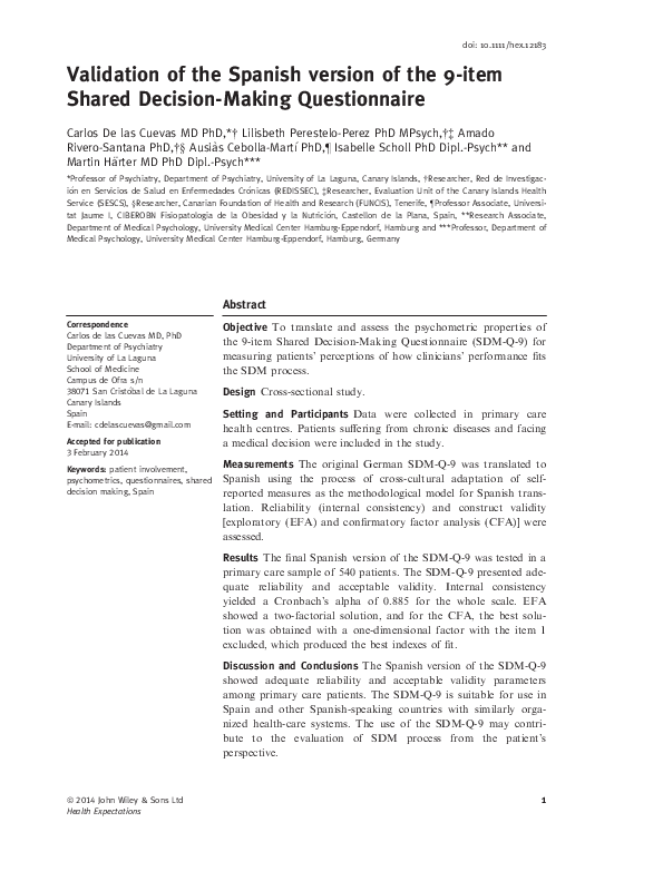 (PDF) Validation of the Spanish version of the 9‐item Shared Decision ...
