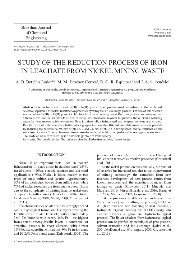 (PDF) Study of the Reduction Process of Iron in Leachate from Nickel ...