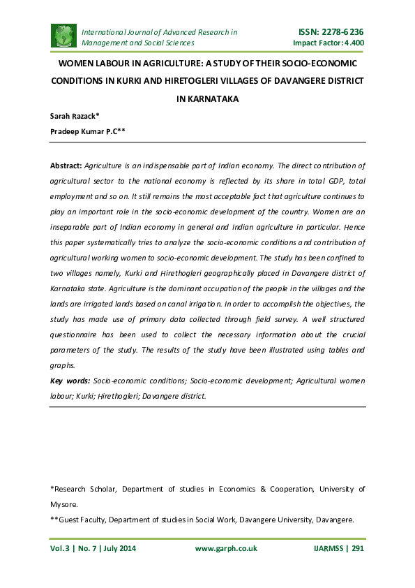 (PDF) Women labour in agriculture: A study of their socio-economic ...