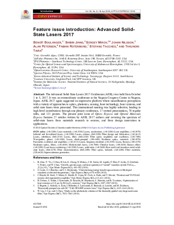 (PDF) Feature issue introduction: advanced solid-state lasers