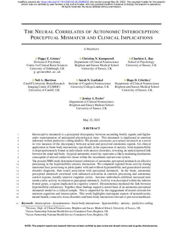(PDF) The Neural Correlates of Autonomic Interoception: Perceptual ...