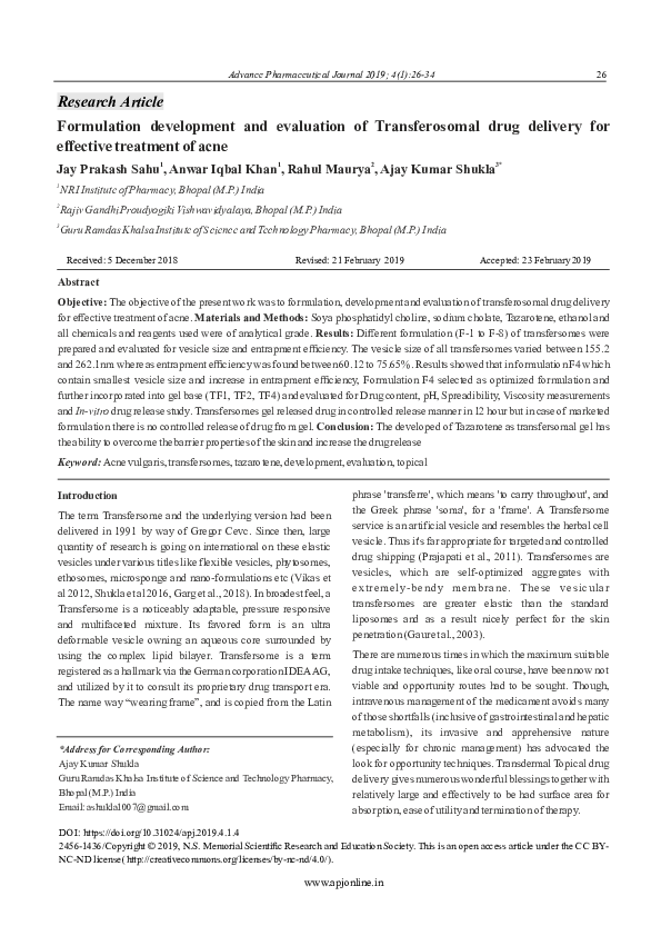 (PDF) Formulation development and evaluation of Transferosomal drug ...