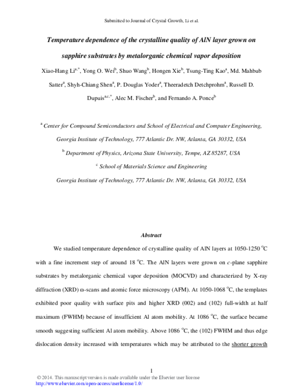 (PDF) Temperature dependence of the crystalline quality of AlN layer ...