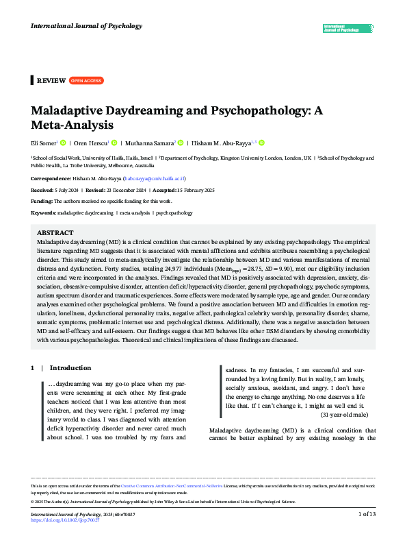 (PDF) Maladaptive Daydreaming and Psychopathology: A Meta-Analysis