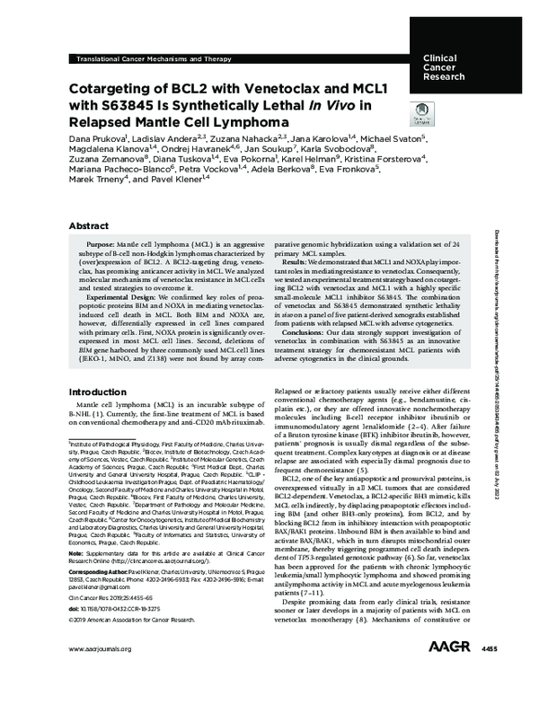 (PDF) Cotargeting of BCL2 with Venetoclax and MCL1 with S63845 Is ...