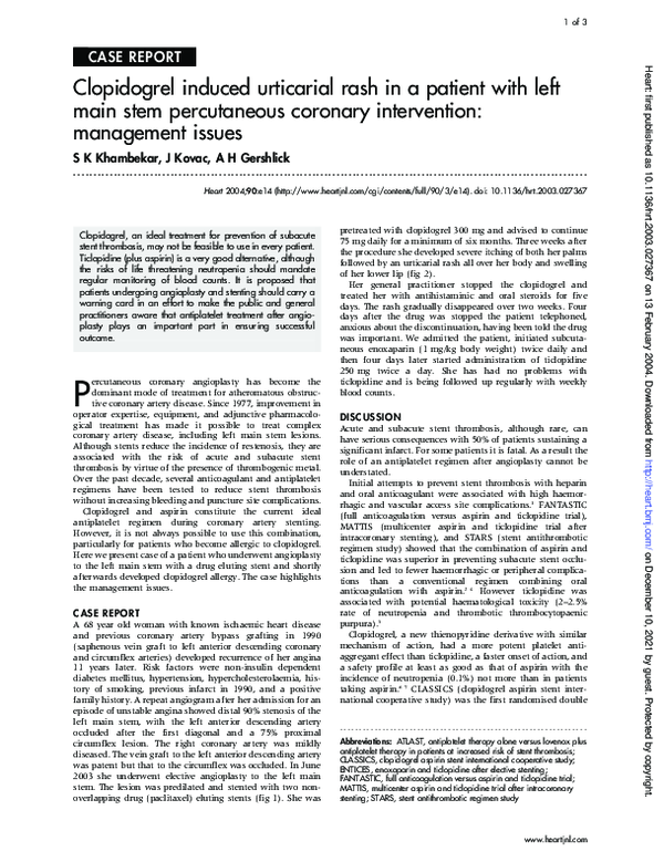 (PDF) Clopidogrel induced urticarial rash in a patient with left main ...