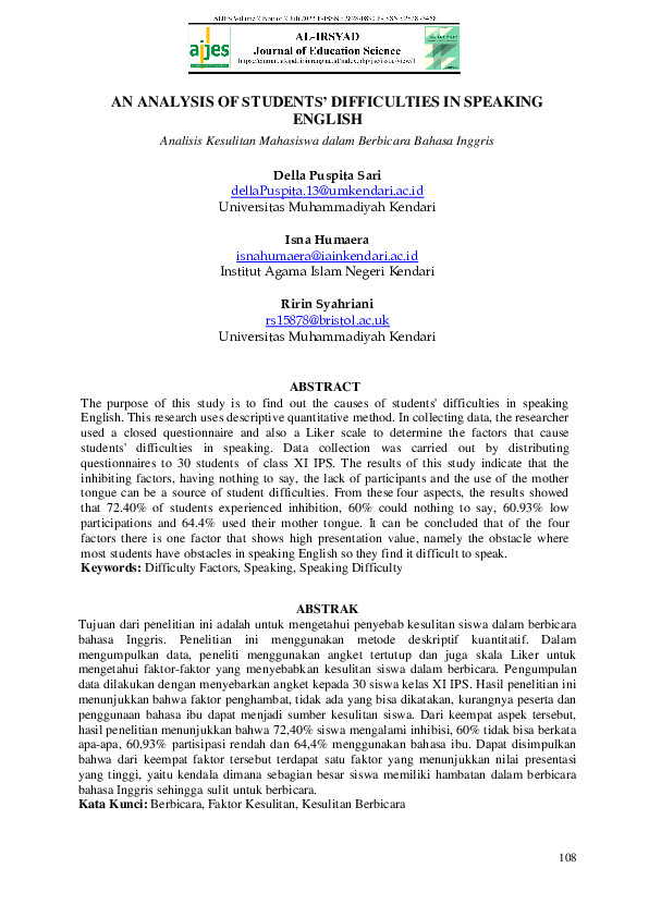 (PDF) An Analysis of Students’ Difficulties in Speaking English