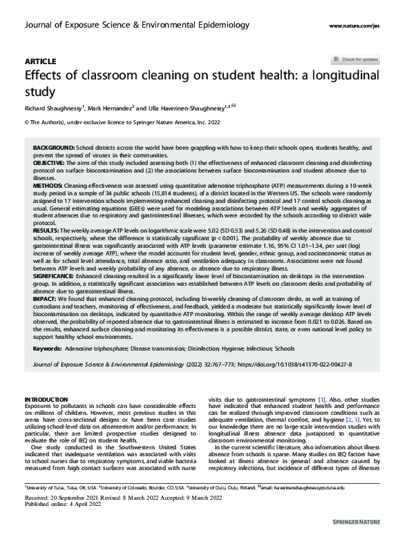 (PDF) Effects of classroom cleaning on student health: a longitudinal study