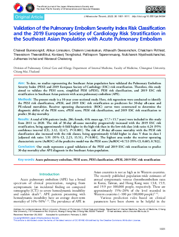 (PDF) Validation of the Pulmonary Embolism Severity Index Risk ...