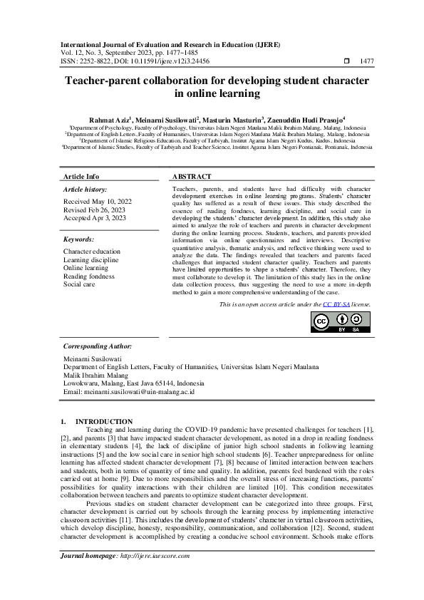 (PDF) Teacher-parent collaboration for developing student character in ...
