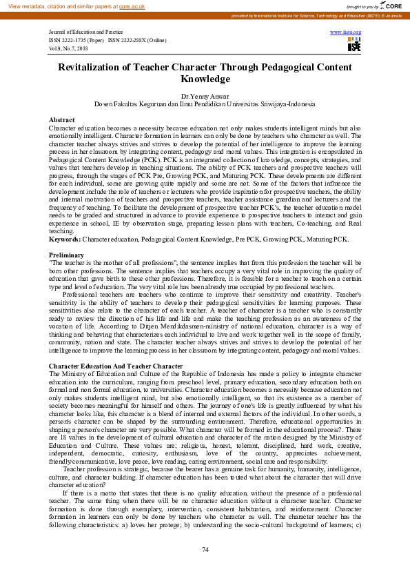 (PDF) Revitalization of Teacher Character Through Pedagogical Content ...