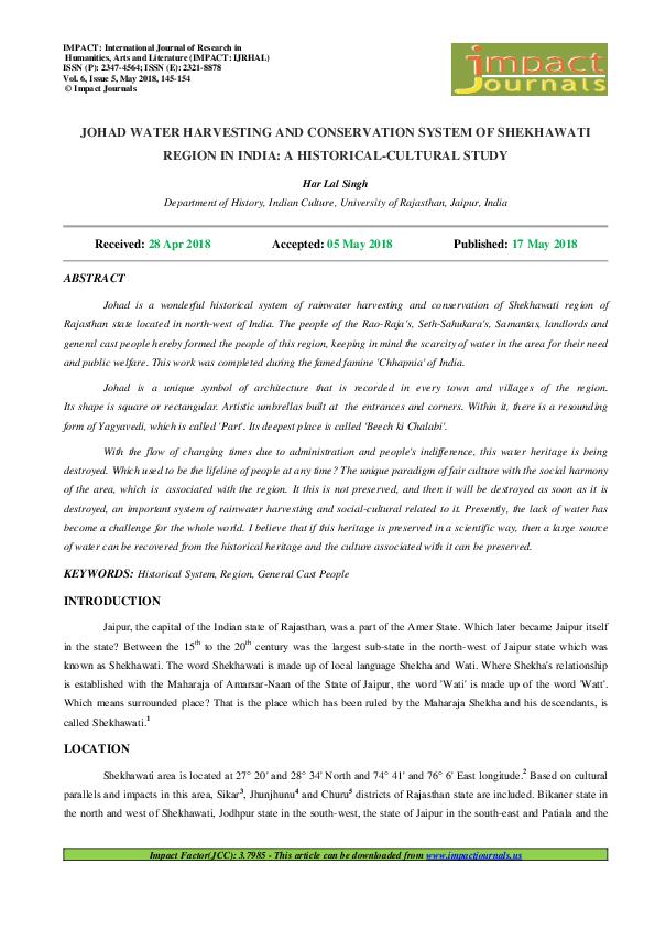 (PDF) JOHAD WATER HARVESTING AND CONSERVATION SYSTEM OF SHEKHAWATI ...