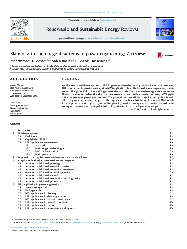 (PDF) State of art of multiagent systems in power engineering: A review