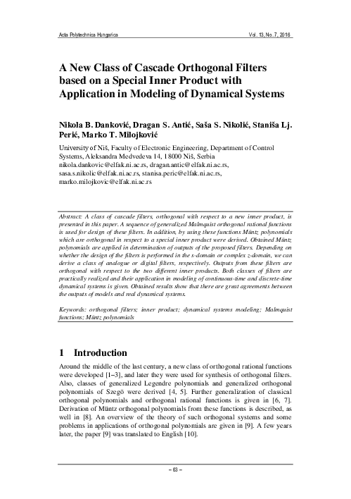 (PDF) A New Class of Cascade Orthogonal Filters based on a Special ...