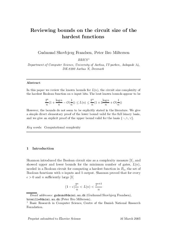 (PDF) Reviewing bounds on the circuit size of the hardest functions