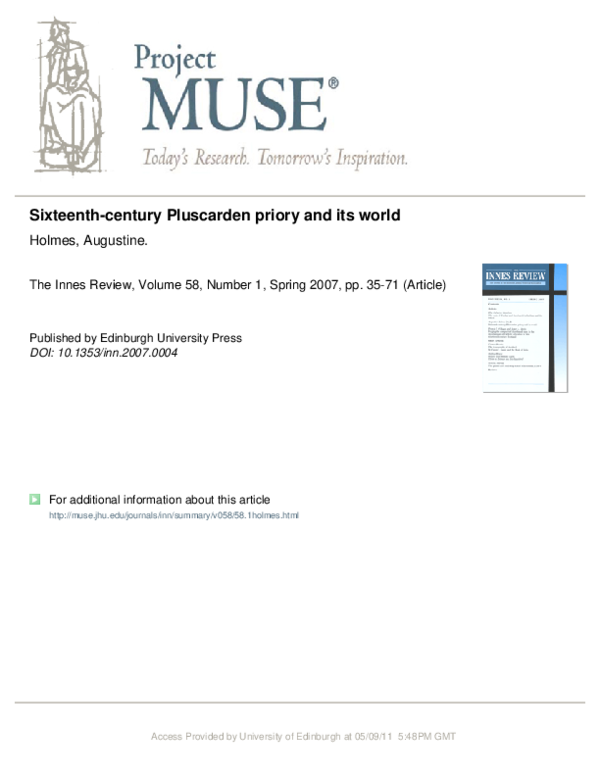 ‘Sixteenth Century Pluscarden Priory and its World’. The Innes Review, 58.1 (2007) pp. 35-71.
