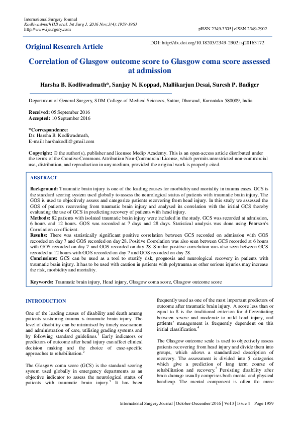 (PDF) Correlation of Glasgow outcome score to Glasgow coma score ...