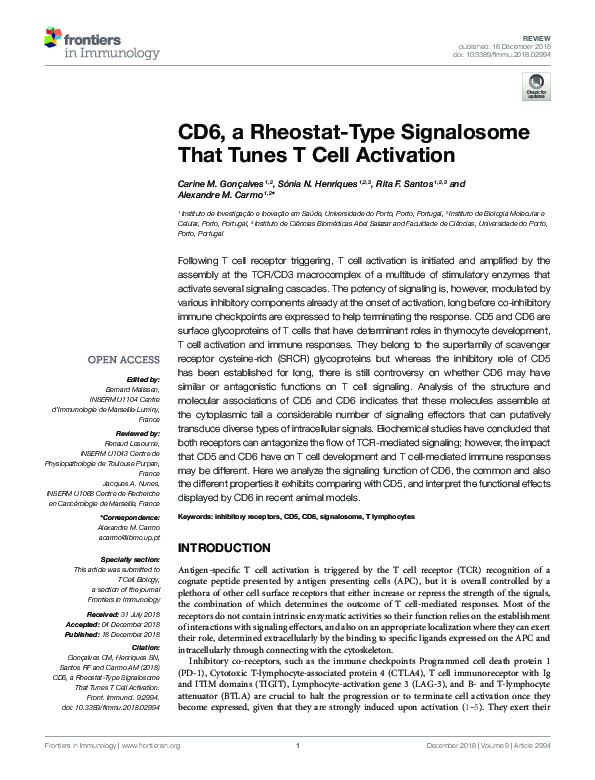 (PDF) CD6, a Rheostat-Type Signalosome That Tunes T Cell Activation