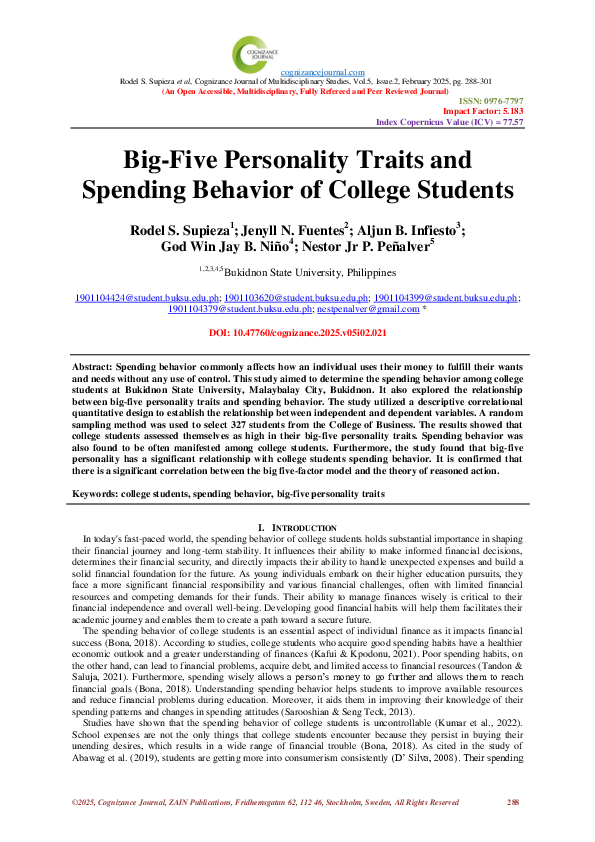 (PDF) Big-Five Personality Traits and Spending Behavior of College Students