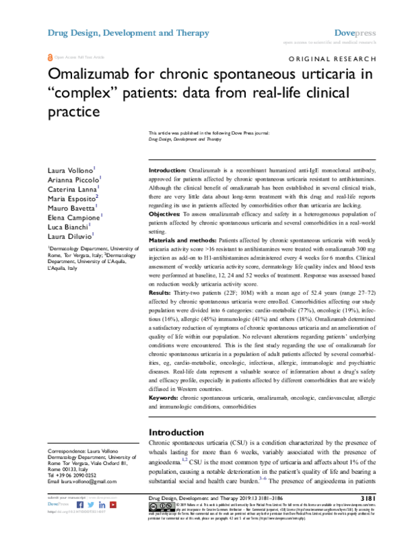 (PDF) Omalizumab for chronic spontaneous urticaria in “complex ...