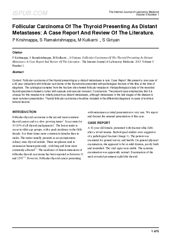 (PDF) Follicular Carcinoma Of The Thyroid Presenting As Distant ...