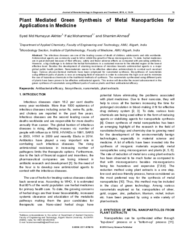 (PDF) Plant Mediated Green Synthesis of Metal Nanoparticles for ...
