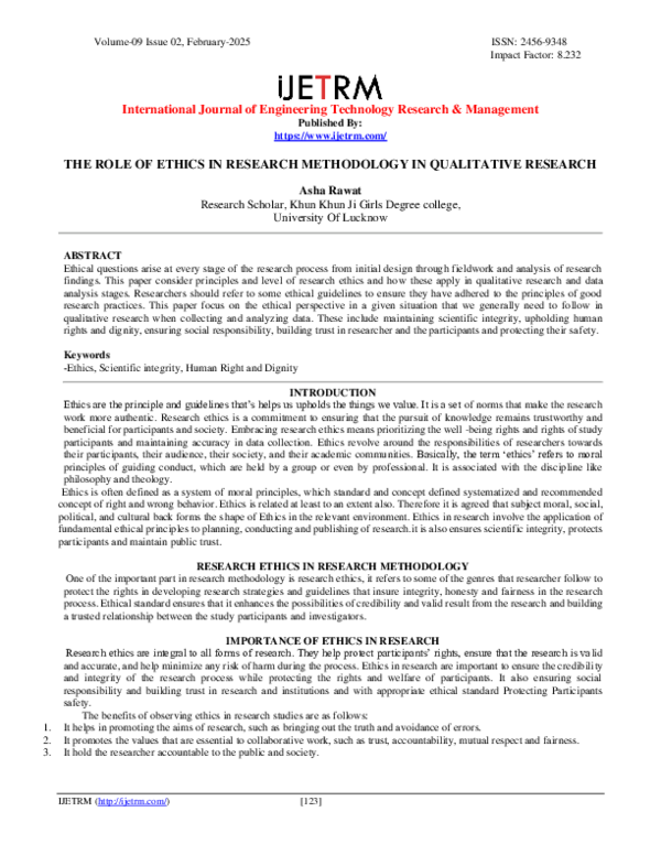 (PDF) THE ROLE OF ETHICS IN RESEARCH METHODOLOGY IN QUALITATIVE RESEARCH