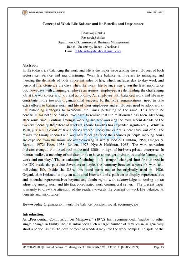 (PDF) Concept of Work Life Balance and Its Benefits and Importnace