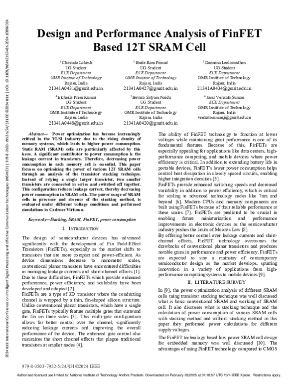 (PDF) Design and Performance Analysis of FinFET Based 12T SRAM Cell